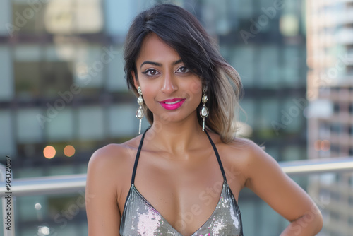 Brunette Indian model, feminine in a silver top with a pink lip is standing outside on a balcony. Oriental lady, glamorous and seductive in elegant dress posing for a photo.