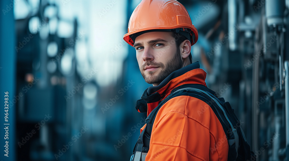 Portrait of an electrician in front of a substation Portrait of an electrician in front of a substation