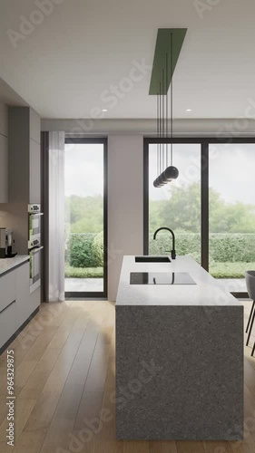 Kitchen-dining room, room in a modern minimalist style. Open space. 3D rendering. Vertical format
