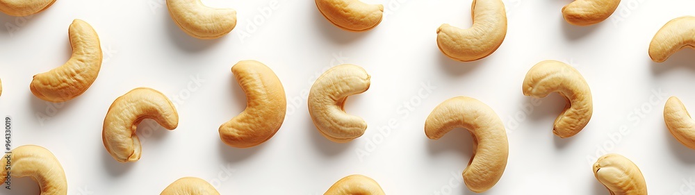 Abundant Cashews Arranged in a Tantalizing Flat Lay Composition, Top View on White, Realistic 3D Rendering Abundant Cashews Arranged in a Tantalizing Flat Lay Composition, Top View on White, Realistic 3D Rendering