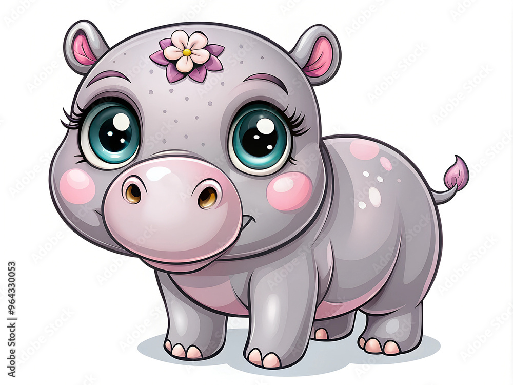 Fototapeta premium Children's illustration depicting a cute little hippo girl with big eyes with a flower on her head on a white background