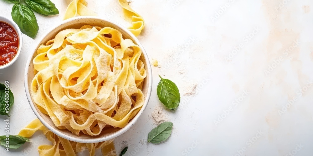 Delicious fettuccine pasta served in a bowl with fresh basil and marinara sauce on a light background. Delicious fettuccine pasta served in a bowl with fresh basil and marinara sauce on a light background.