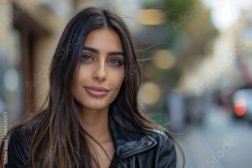 Brunette Latina woman wearing black leather jacket posing in the city. Peaceful and friendly Hispanic lady wit brown hair standing outside on the street in a big town looking to the camera.