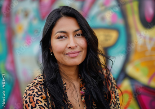 Hispanic woman with long black hair is smiling at the camera. She is wearing a leopard print shirt and is standing in front of a colorful wall