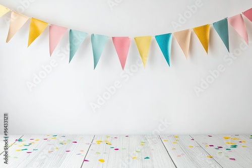 Clothesline with party flags on white wooden table