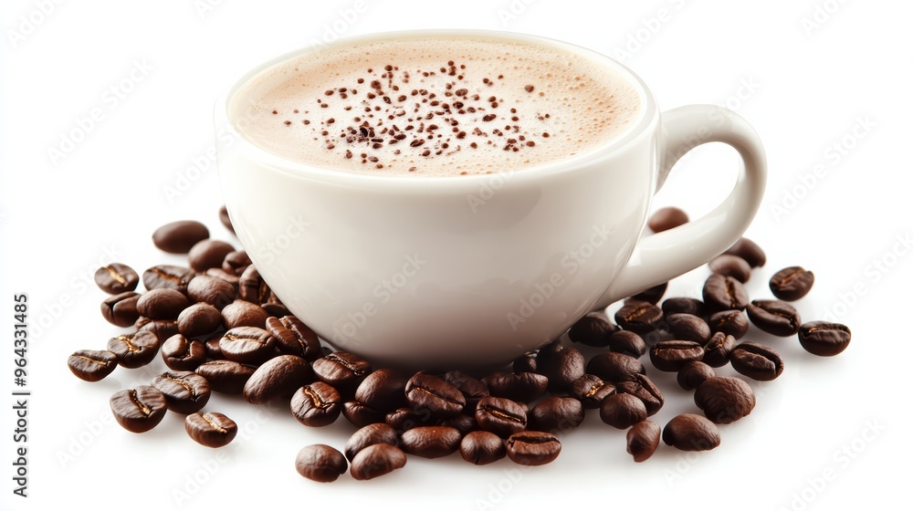 A coffee cup filled with frothy beverage sits atop roasted coffee beans, creating warm and inviting scene. A coffee cup filled with frothy beverage sits atop roasted coffee beans, creating warm and inviting scene.