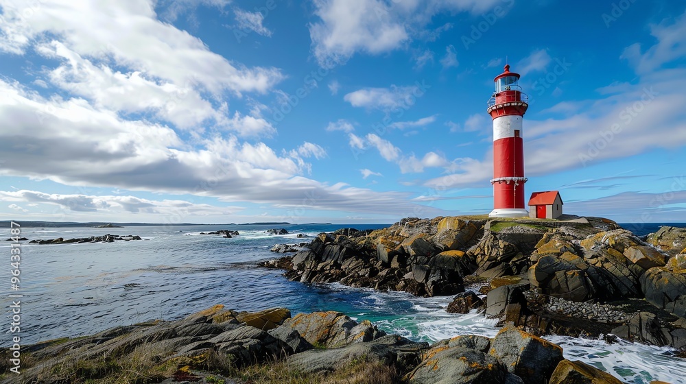 A red and white lighthouse on a rocky island with blue sky and white clouds. A red and white lighthouse on a rocky island with blue sky and white clouds.