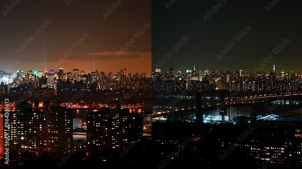 Fototapeta premium A split image of the New York City skyline at night.