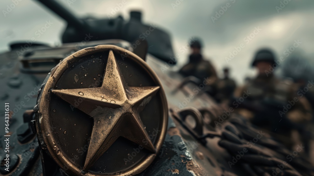 A close up of tanks turret featuring golden star, with soldiers in background, evokes sense of history and military strength. A close up of tanks turret featuring golden star, with soldiers in background, evokes sense of history and military strength.
