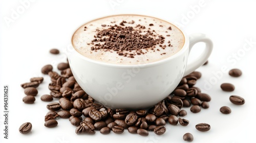 A frothy cappuccino topped with chocolate shavings, surrounded by coffee beans, creates delightful coffee experience. 