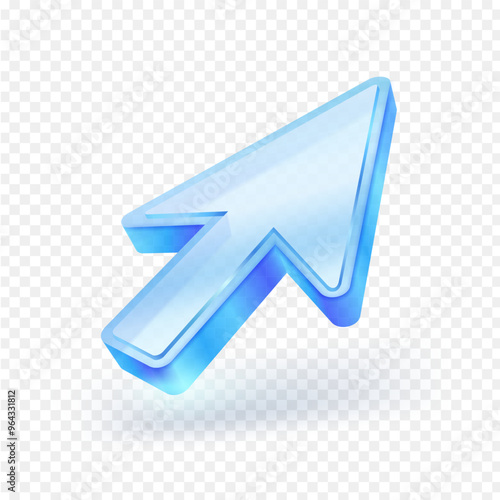 3D blue and transparent cursor arrow icon. Material is transparent shiny crystal glass, isolated on a white background. Realistic vector illustration.