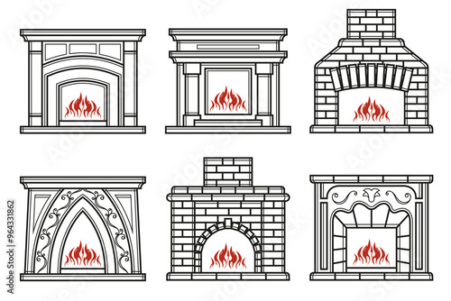 Set of furnace outline editable stroke icon. Fireplace sign. Vector illustration. Thin line icon for web and mobile, modern minimalistic flat design.