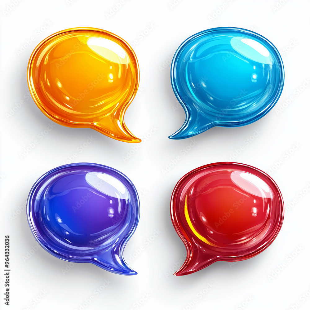 4 colored speech bubbles on a white background, vector illustration, colorful glass effect, flat design, top view, no shadows, 3D rendering 4 colored speech bubbles on a white background, vector illustration, colorful glass effect, flat design, top view, no shadows, 3D rendering