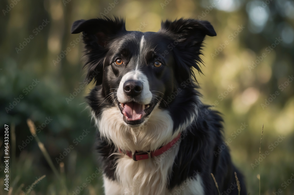 Alert Border Collie with Red Collar in a Sunlit Forest Clearing Alert Border Collie with Red Collar in a Sunlit Forest Clearing