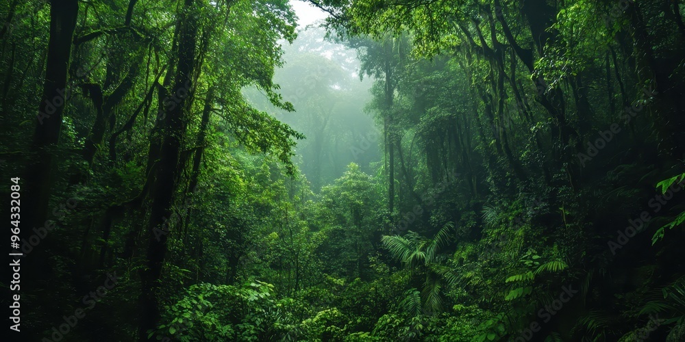 Fototapeta premium Lush green forest with dense foliage, misty atmosphere, and vibrant plant life, creating a serene natural landscape.