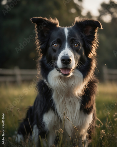 Border Collie Dog Sitting Outdoors in Sunlit Field with Green Background