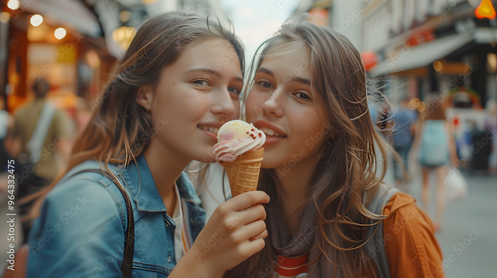 Candid close-up of two young European friends sharing ice cream on a busy street Candid close-up of two young European friends sharing ice cream on a busy street