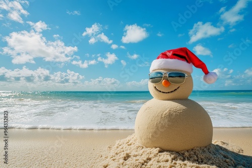 Fototapeta Naklejka Na Ścianę i Meble -  Festive sandman with sunglasses on a sunny beach for a tropical christmas