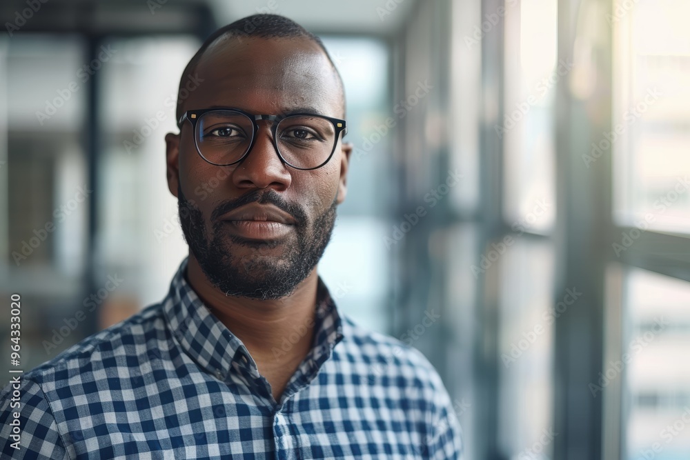 Confident young professional wearing glasses, standing in an office and looking at the camera Confident young professional wearing glasses, standing in an office and looking at the camera