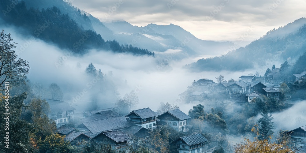 Serene mountain village shrouded in mist, showcasing tranquil landscapes and dramatic fog, ideal for nature lovers and travelers. Serene mountain village shrouded in mist, showcasing tranquil landscapes and dramatic fog, ideal for nature lovers and travelers.