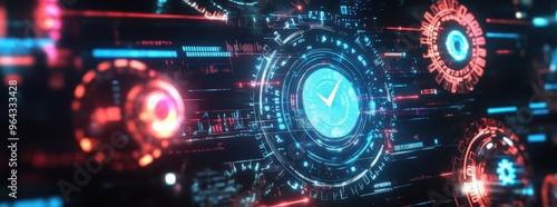 Wallpaper Mural Futuristic digital interface with holographic elements and glowing graphics. This high tech design showcases intricate patterns and vibrant colors, evoking sense of advanced technology.  Torontodigital.ca