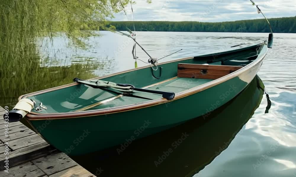 Wooden fishing boat bobbing on calm lake, reflection of sky on water Wooden fishing boat bobbing on calm lake, reflection of sky on water