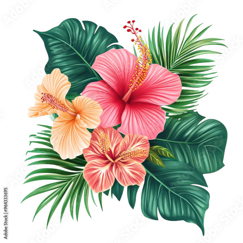 Tropical flowers and leaves design card. hibiscus, ,monstera,jungle palm leaves frame.

 photo