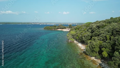 Croatia, Istria, Pula, aerial view to coastline with boats and seaground photo