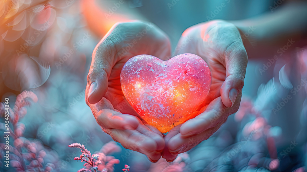 A pair of hands holding a healthy heart, radiating light warmth and positive energy, pastel tetradic colors, with empty space for text A pair of hands holding a healthy heart, radiating light warmth and positive energy, pastel tetradic colors, with empty space for text