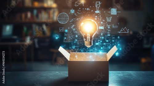 A bright light bulb floating above an open box, surrounded by mathematical symbols and creative icons, symbolizing innovation. photo