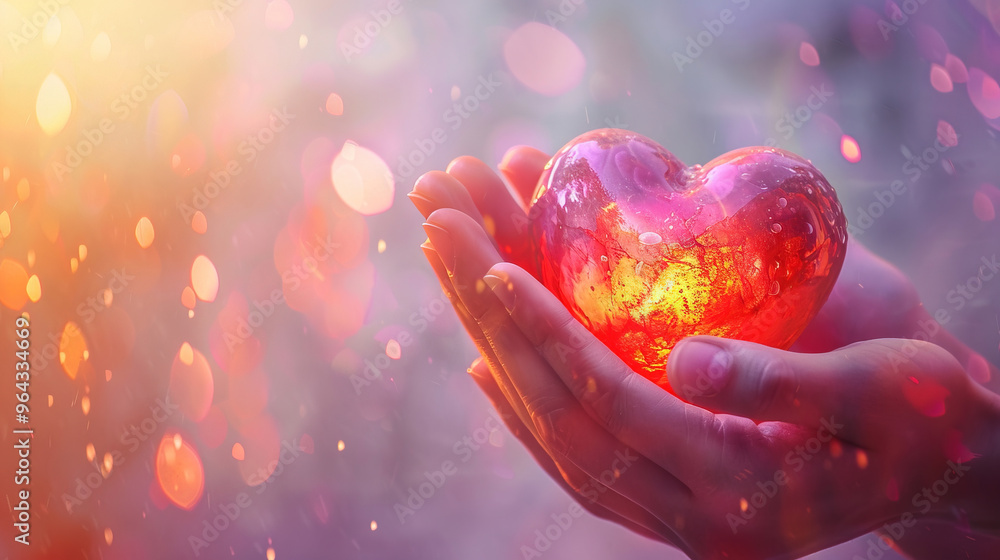 A pair of hands holding a healthy heart, radiating light warmth and positive energy, pastel tetradic colors, with empty space for text A pair of hands holding a healthy heart, radiating light warmth and positive energy, pastel tetradic colors, with empty space for text