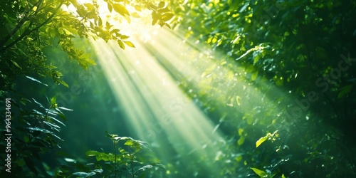 Sunlight filters through dense foliage, creating a serene atmosphere in a lush green forest.