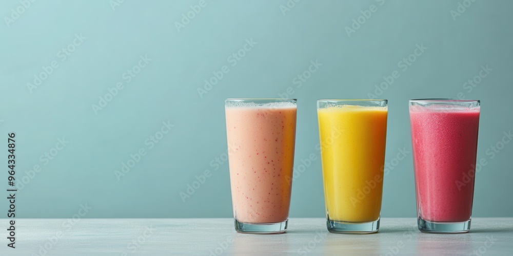 Three refreshing glasses of fruit smoothie in vibrant colors, perfect for summer drinks and healthy lifestyle choices. Three refreshing glasses of fruit smoothie in vibrant colors, perfect for summer drinks and healthy lifestyle choices.