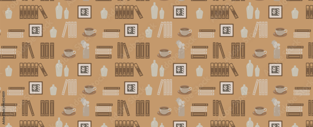 Fototapeta premium Pattern with books, mugs and flowers. Vector Seamless background. Reading, interior and library themed illustration.