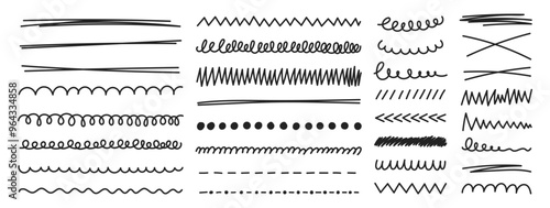 Hand drawn collection of curly, squiggly, wavy, zigzag lines. Horizontal handwritten elements for highlight or divider. Vector illustration.