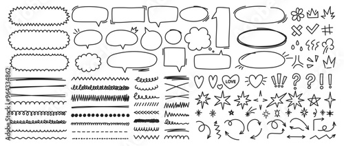 Hand drawn comic speech bubble, highlights, emphasis, exclamation, arrows, stars and crown. Sketch vector illustration. Editable stroke.