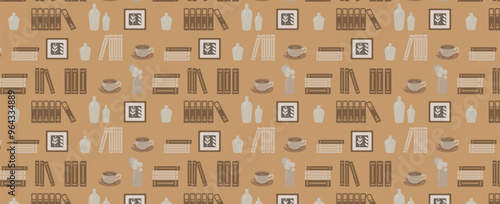 Pattern with books, mugs and flowers. Vector Seamless background. Reading, interior and library themed illustration.