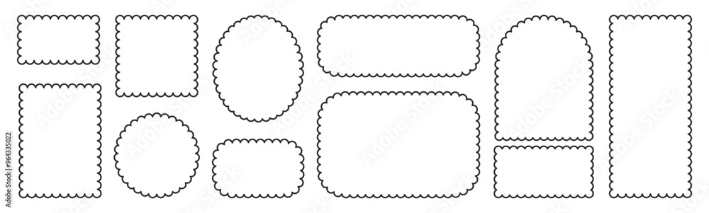 Set of frames with squiggly of wavy edges. Stamps with rectangle and circle shapes. Outline vector illustration. Set of frames with squiggly of wavy edges. Stamps with rectangle and circle shapes. Outline vector illustration.