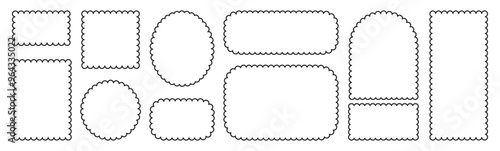 Set of frames with squiggly of wavy edges. Stamps with rectangle and circle shapes. Outline vector illustration.
