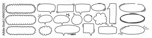 Set of doodle speech bubbles in handwritten style. Cute frames for dialogue. Comic vector illustration.