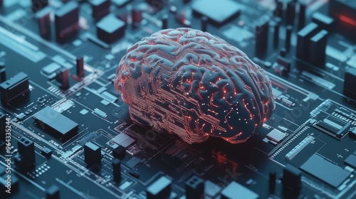 A detailed, futuristic image of a brain connected to a computer via microchips and circuitry, representing digital control over human cognition.