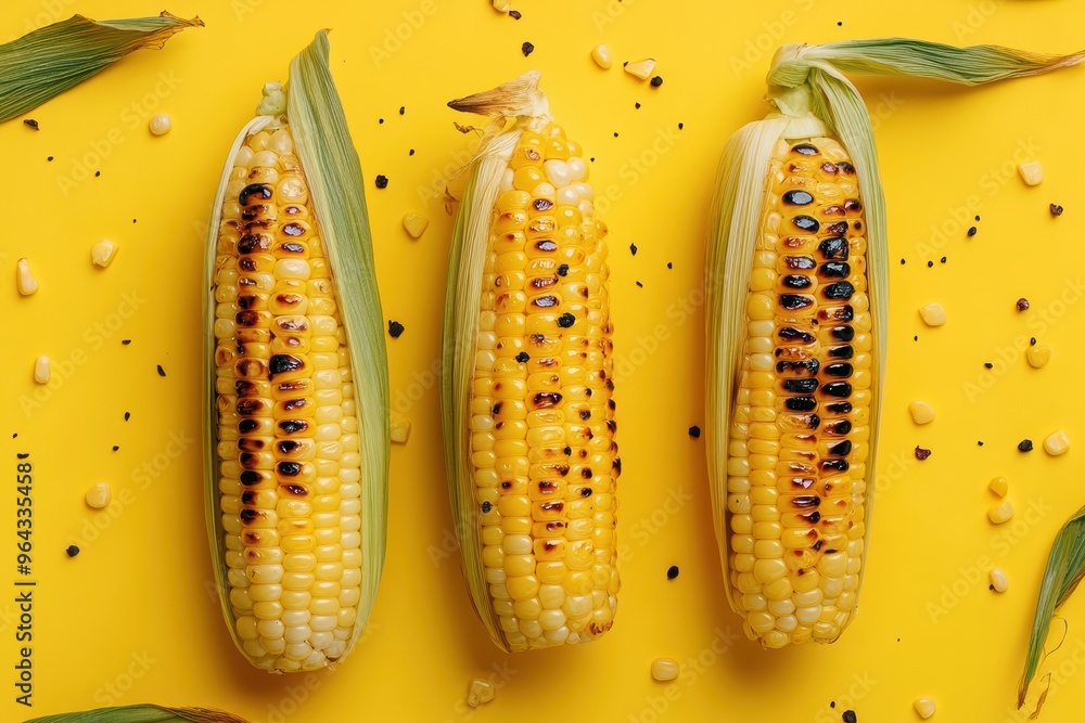 Fototapeta premium Grilled corn on cob with vibrant yellow background creates delightful summer vibe. 