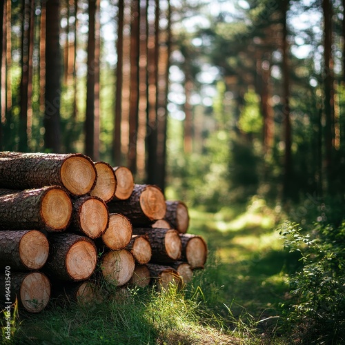 A stack of freshly cut logs with a forest background, perfect for illustrating themes of logging, forestry, environmental impact, and natural resources in articles or educational materials,