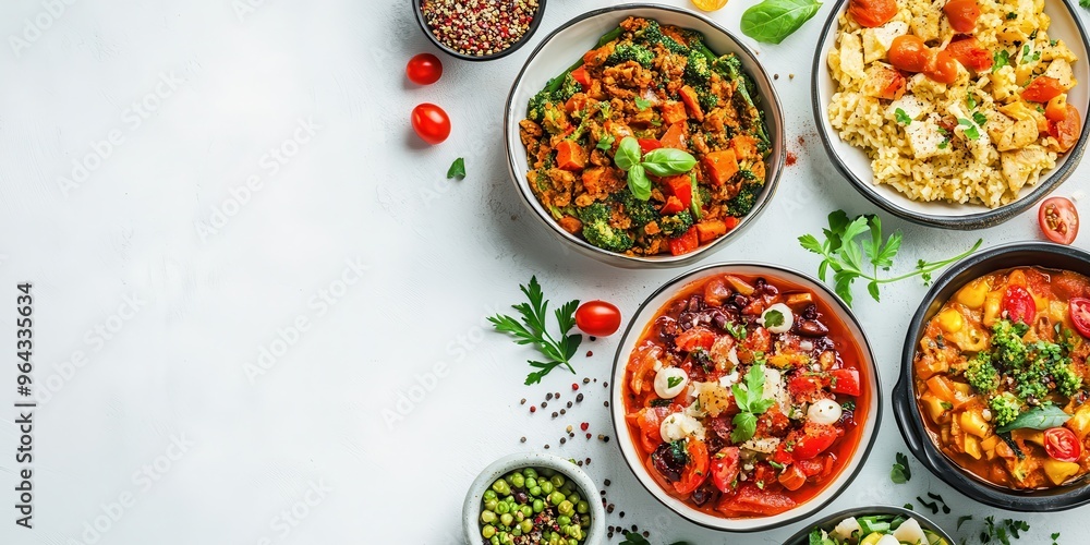 Vibrant bowls of healthy dishes featuring fresh vegetables, grains, and herbs, perfect for a nutritious meal presentation. Vibrant bowls of healthy dishes featuring fresh vegetables, grains, and herbs, perfect for a nutritious meal presentation.