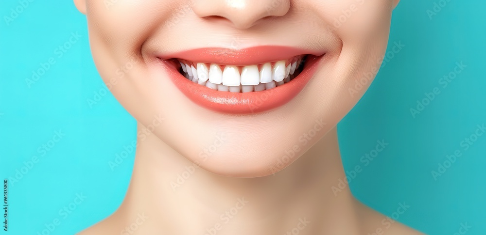 Obraz premium Closeup of a woman's smiling mouth with white teeth against a blue background. Healthy, bright, and confident smile. Perfect for dental, beauty, and happiness concepts.