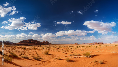 Desert area landscape with rocks and red soil. Blue sky with white clouds. Nature, loneliness, nobody, arid, drought, extreme climate, hot, temperature. Banner header image.