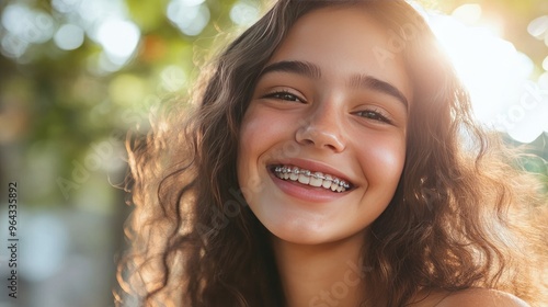 A closeup of a young woman smiling, showing her braces, as she undergoes orthodontic treatment to perfect her teeth.