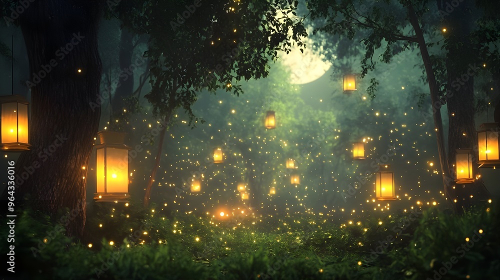 Naklejka premium Dreamy Forest with Floating Lanterns and Fireflies, Creating a Magical and Joyful Nighttime Atmosphere.