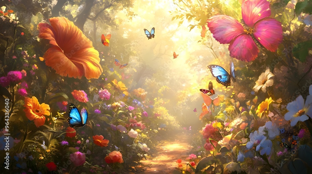 Whimsical Garden with Giant Flowers and Butterflies, Emanating Happiness and Fantasy. Whimsical Garden with Giant Flowers and Butterflies, Emanating Happiness and Fantasy.