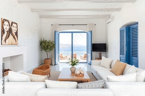 Santorini-Inspired Living Room with Ocean View, Greek-Style Vacation Home, Minimalist White Furniture, Sea View, and Abundant Natural Light.